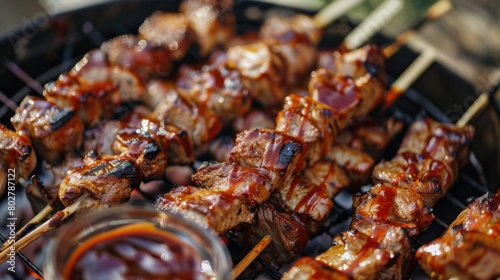 An outdoor barbecue party with a spread of grilled pork neck skewers, served with tangy barbecue sauce for dipping.