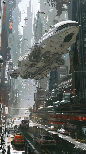 A futuristic city with flying cars and people walking around. The city is very tall and there are a lot of lights and buildings.