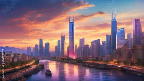 sunset over the city : Twilight Metropolis Urban Splendor at Sunset