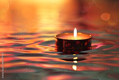 A small candle is floating on the surface of a body of water