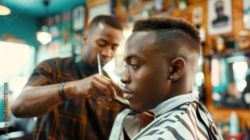 An African American barber carefully shaping a fade haircut on a customer in a vibrant barbershop setting. 