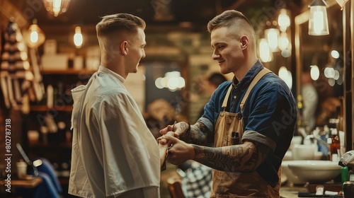 The young man and the barber exchanging a handshake or fist bump to conclude the haircut.  photo