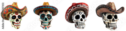 Set of Decorative Skulls with Mexican Hats on Transparent Background - Dia de los muertos concept
