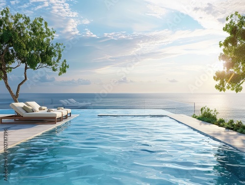 serene scene of pool relaxation with the vast sea in the background. Nature s beauty surrounds  creating a peaceful and tranquil atmosphere.