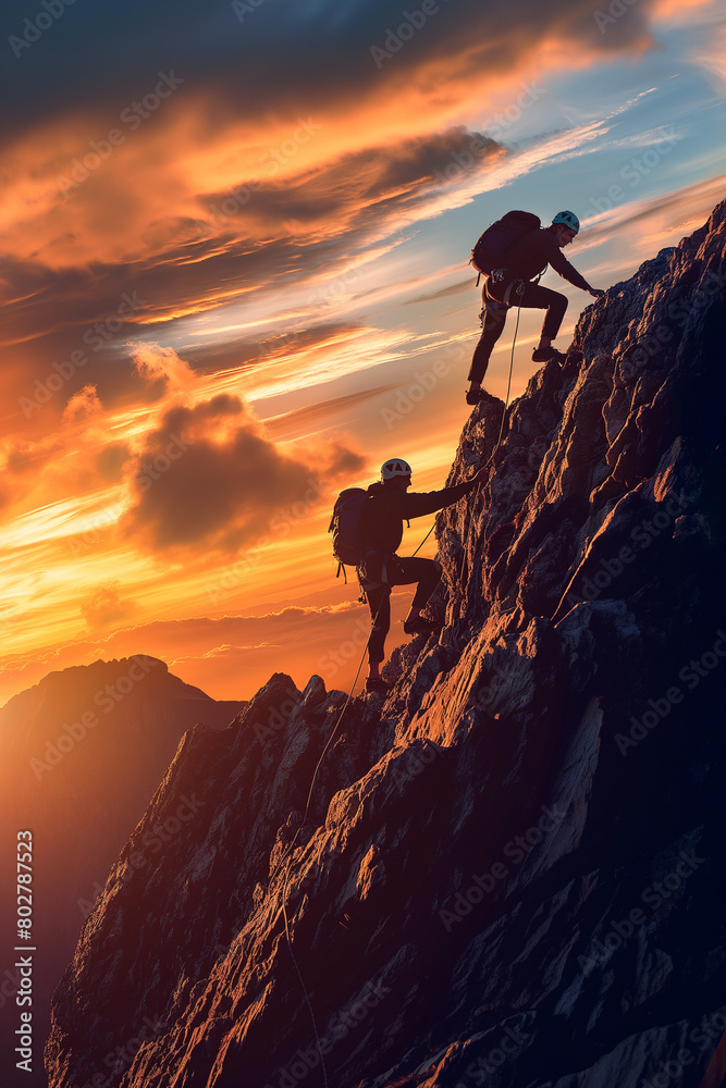 Silhouette two climbers help each other to reach the top of the mountain, fighting spirit and togetherness theme.. Silhouette two climbers help each other to reach the top of the mountain, fighting spirit and togetherness theme..