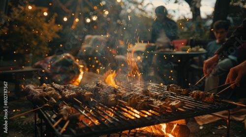 An outdoor barbecue scene with friends grilling pork neck skewers and enjoying the warmth of the fire.