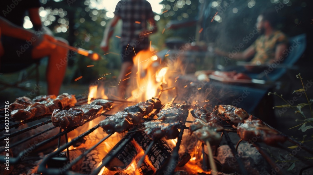 An outdoor barbecue scene with friends grilling pork neck skewers and enjoying the warmth of the fire.