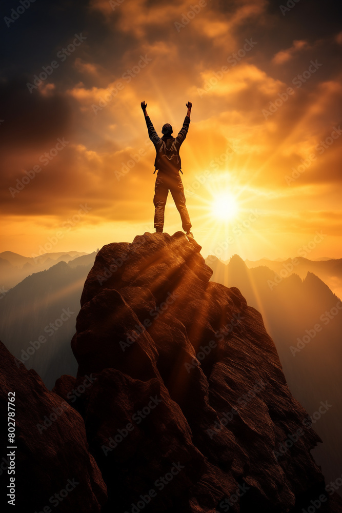 Silhouette  a climber rise hands after successfully climbing on the top of the mountain against the sun in sunset, fighting spirit and togetherness theme..