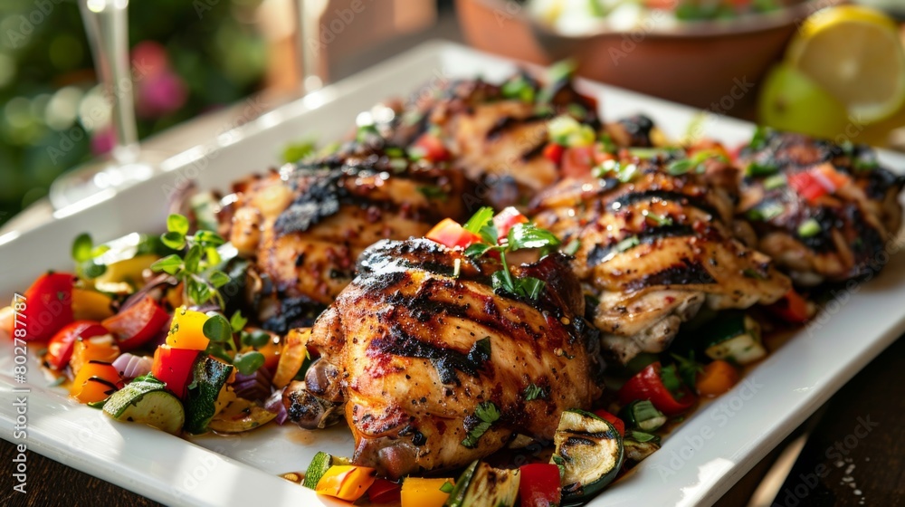 An outdoor patio setting with a platter of grilled chicken thighs, served with vibrant grilled vegetables and zesty salsa.