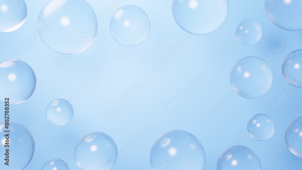 青背景に複数の水滴の背景素材。コピースペース。3D（横長）