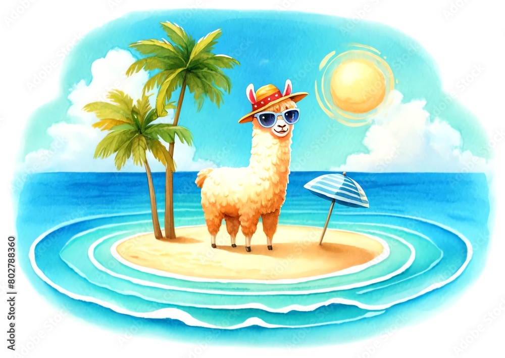 Fototapeta premium Watercolor painting of a llama wearing sunglasses on a beach