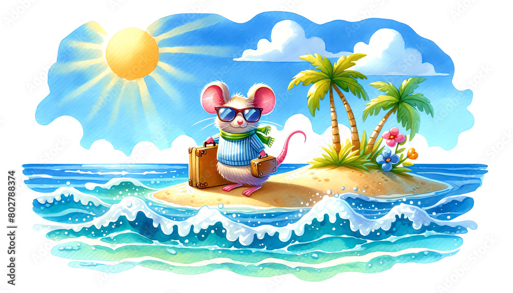 Watercolor painting of a Mouse wearing sunglasses and carrying a suitcase on a beach Watercolor painting of a Mouse wearing sunglasses and carrying a suitcase on a beach