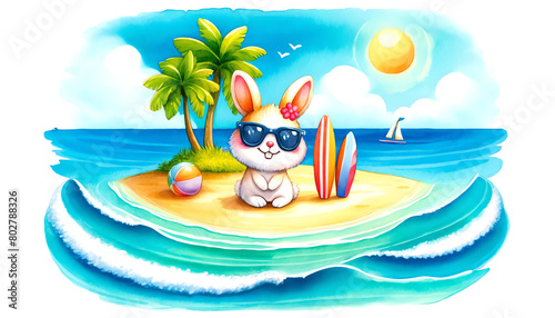 Watercolor painting of a Bunny wearing sunglasses on a beach