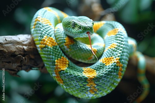Green pit viper snake on a tree branch in the forest photo