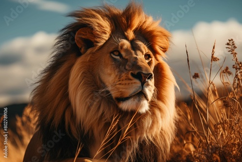 A majestic lion with its mane shimmering in the golden light of sunset  standing tall amidst the savanna grasslands. Generative AI