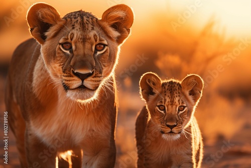 Close up of a mother lion and cub walking side by side in warm golden light. Generative AI