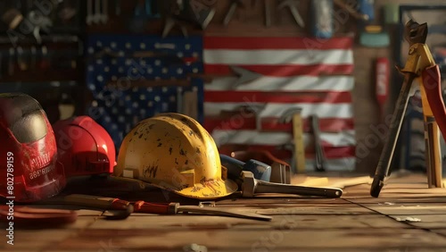 Illustrate the essence of American labor and construction work on Labor Day, featuring tools, helmets, and the American flag. Ideal for showcasing American workers and the growth of the economy throug