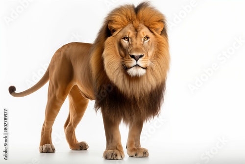 full body photo of a lion standing Isolated on white background  looking at camera. Generative AI