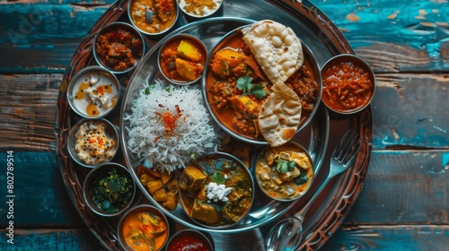 An overhead shot of a traditional thali plate  brimming with assorted Indian curries  rice  and crispy papadums.
