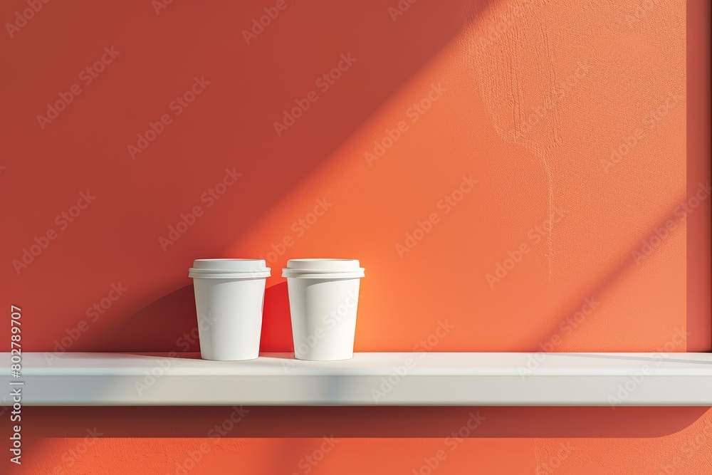 coffee cup and a plant are on a shelf in front of colorful wall coffee cup and a plant are on a shelf in front of colorful wall