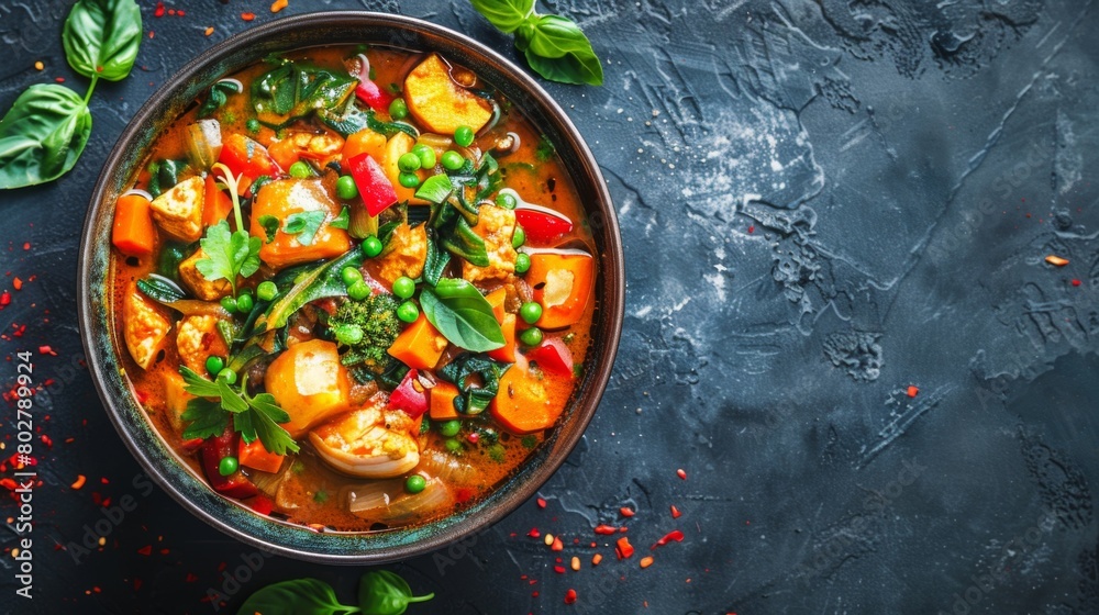 An overhead shot of a vibrant bowl of vegetarian razala curry, brimming with colorful vegetables and aromatic spices. An overhead shot of a vibrant bowl of vegetarian razala curry, brimming with colorful vegetables and aromatic spices.