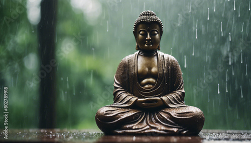 Buddha statue sitting in meditation with rain and forest in the background
 photo