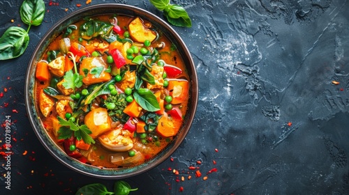 An overhead shot of a vibrant bowl of vegetarian razala curry, brimming with colorful vegetables and aromatic spices.