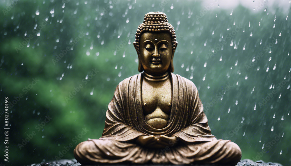 Buddha statue sitting in meditation with rain and forest in the background
