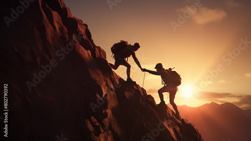 Silhouette two climbers help each other to reach the top of the mountain, fighting spirit and togetherness theme..
