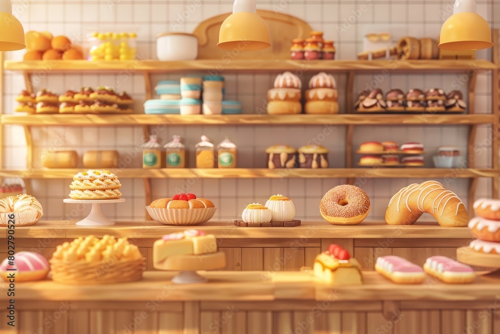 A bakery with a colorful wall and wooden shelves