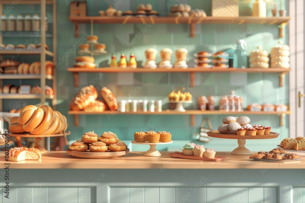 A bakery with a colorful wall and wooden shelves