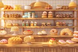 A bakery with a colorful wall and wooden shelves