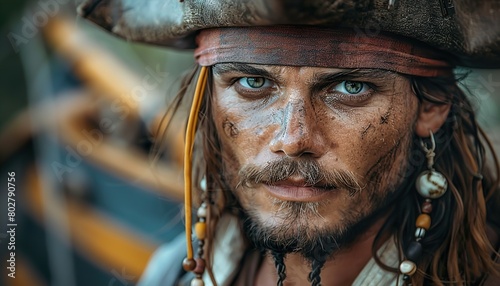Man dressed-up like a pirate with hat and boat 