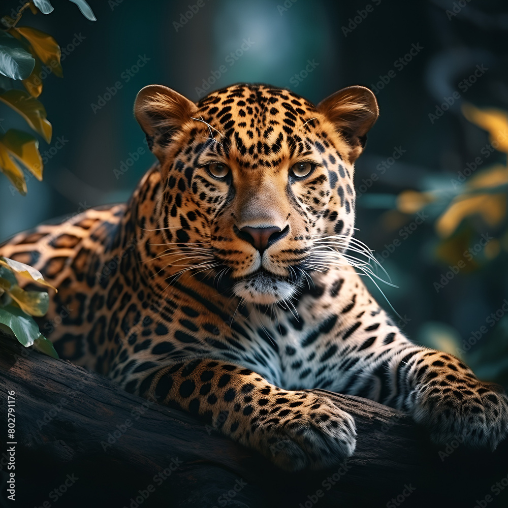 A Majestic leopard resting on tree branch in natural habitat with sharp gaze A Majestic leopard resting on tree branch in natural habitat with sharp gaze