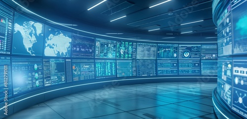 A network operations center filled with curved, ultra-modern digital displays showing various aspects of global digital communications and internet health. 32k, full ultra hd, high resolution