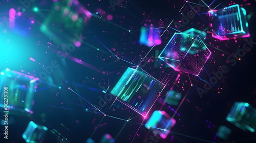 Abstract digital background with glowing holographic cubes and lines in blue, green, and purple colors on a dark black background