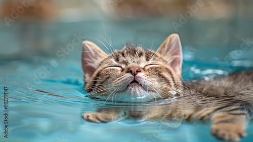 A cute tabby cat swimming in the water