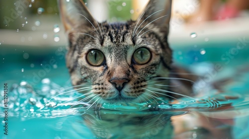 A cute tabby cat swimming in the water