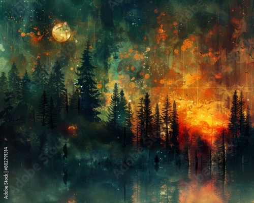 The image is a beautiful landscape painting of a forest fire