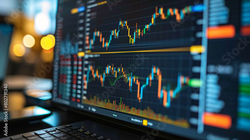 Financial Charts and Graphs. A close-up shot of financial charts and graphs on a computer screen, showcasing data analysis and financial planning in a digital environment