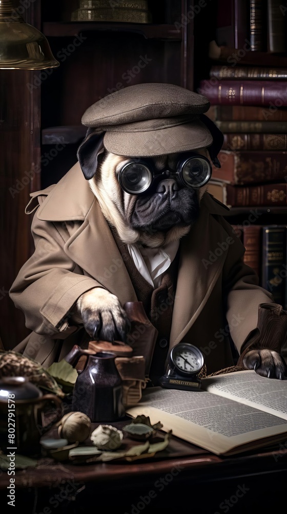 Pug in a detective outfit, complete with magnifying glass, old books around