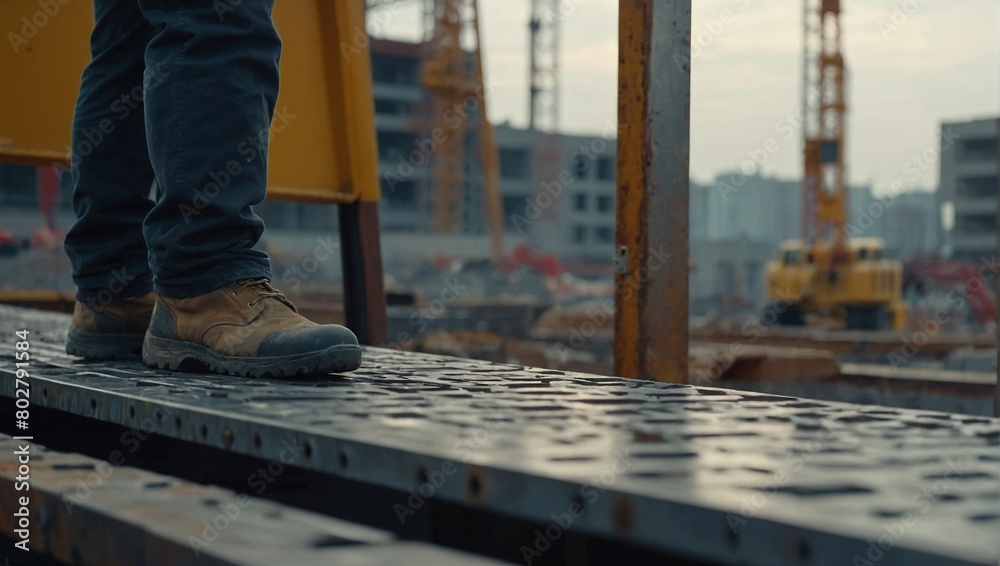 Close up of worker walking on metal platform at construction site. Close up of worker walking on metal platform at construction site.