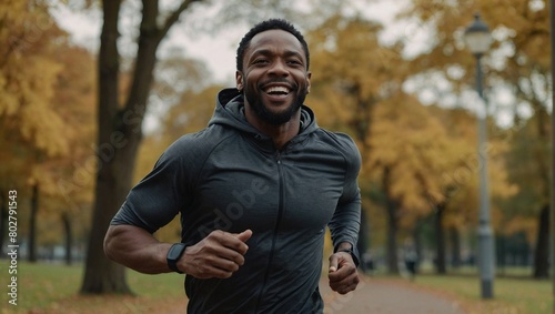 Happy black man jogging in the park while listening to music through his headphones. Candid male running for improved mental health and fitness.  © Yauhen