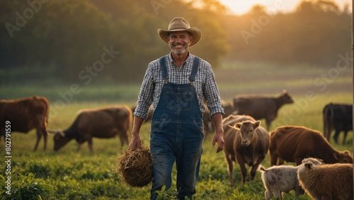 Smiling farmer at field while animals in background 