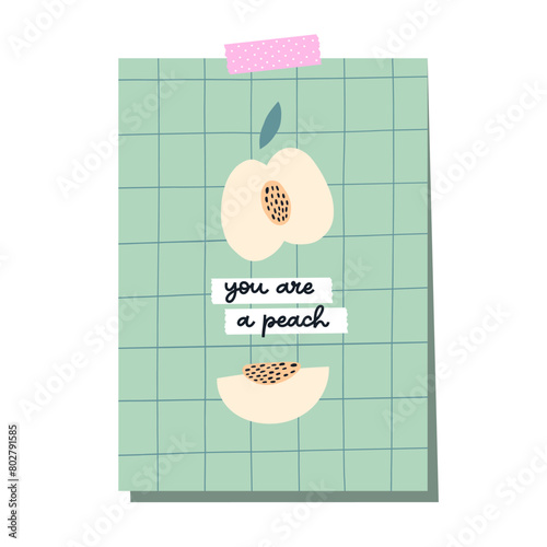 Thank you card design. Cute peaches illustration with lettering quote "you are a peach". 
