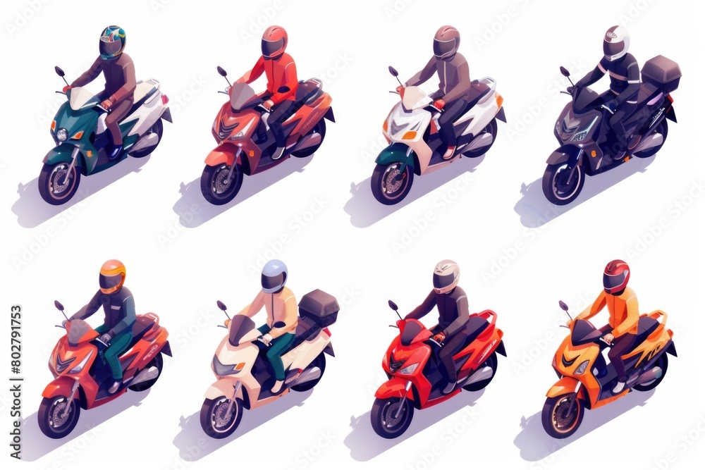 A group of people riding motorcycles on a white surface. Suitable for travel or adventure concepts