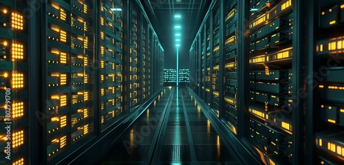 A silent, high-security data archive with rows of data tapes and SSDs glowing in the dark, storing the world's most critical technology patents and research. 32k, full ultra hd, high resolution photo