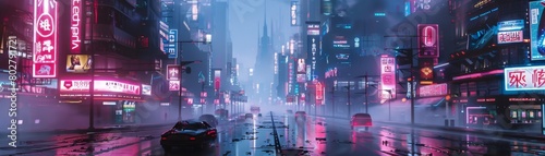 The image shows a busy city street with skyscrapers, neon lights, cars, and people crossing the road.