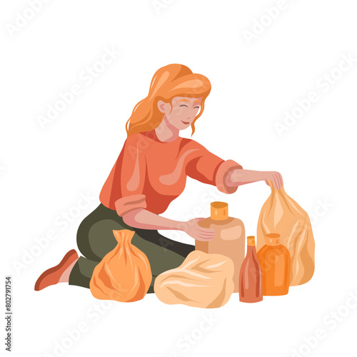 Vector clip art of blondy woman sorting plastic garbage isolated from background. Ecological lifestyle. Flat illustration on the theme of zero waste and recycle for articles and print (ID: 802791754)