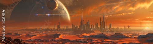 The image shows a futuristic city on Mars with a view of the city skyline and two moons in the sky.